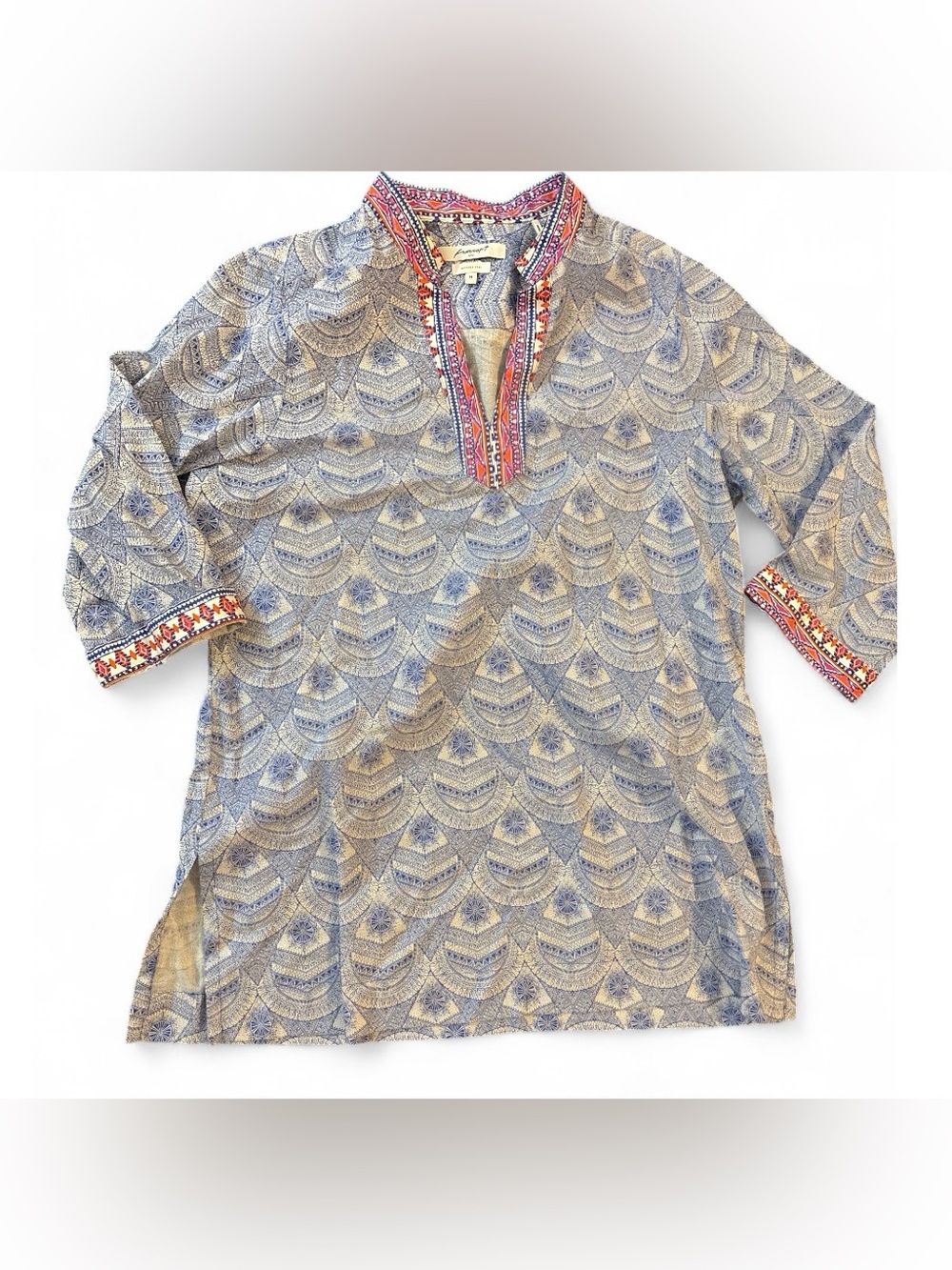 Blue Patterned Women's Button-Down Tunic with Contrast Trim